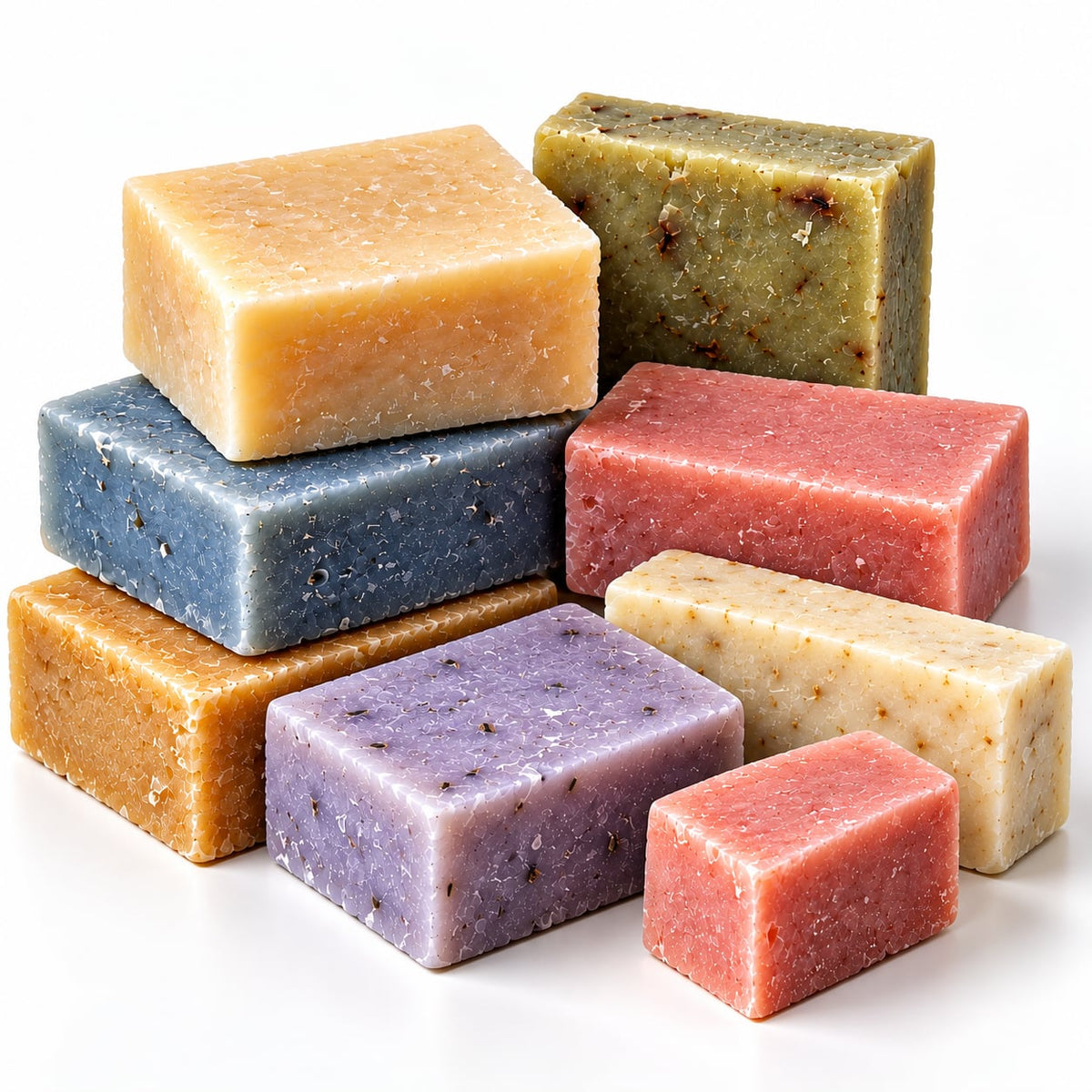Natural Bar Soap Seconds: eight assorted handmade soap bars in orange, green, blue, pink, purple and cream