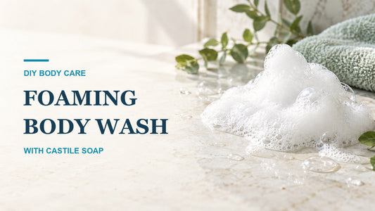 Foaming body wash lather beside the title Foaming Body Wash with Castile Soap