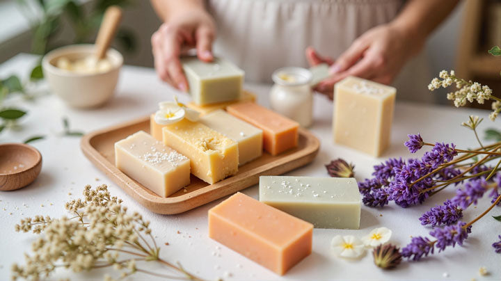 Handmade soaps on a wooden tray with lavender flowers on a light background